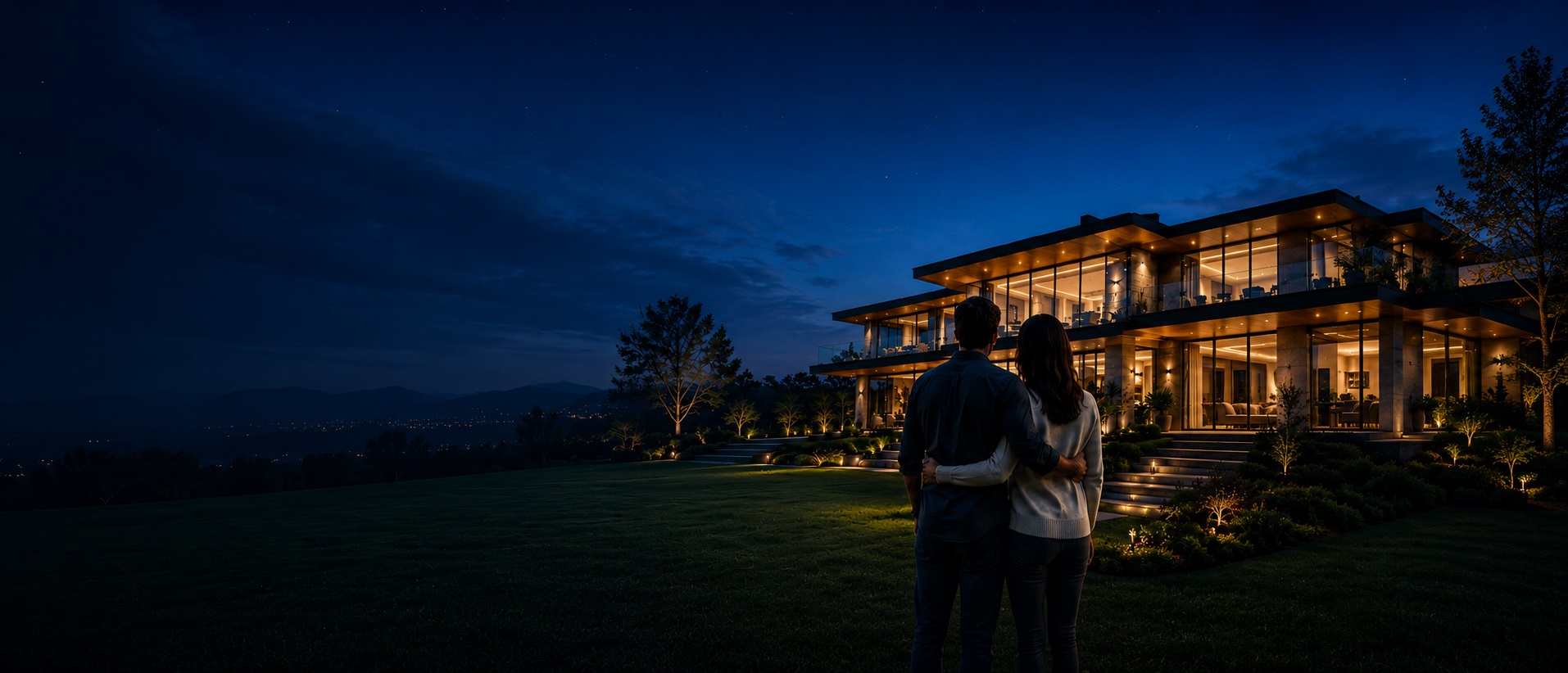 Casal observando casa moderna à noite, simbolizando construção de patrimônio e futuro planejado